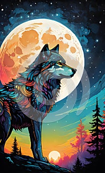 Colorful wolf looking at the moon ai generated
