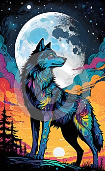 Colorful wolf looking at the moon ai generated