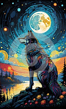 Colorful wolf looking at the moon ai generated