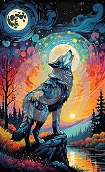 Colorful wolf looking at the moon ai generated