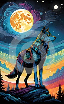 Colorful wolf looking at the moon ai generated