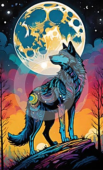 Colorful wolf looking at the moon ai generated