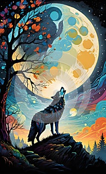 Colorful wolf looking at the moon ai generated
