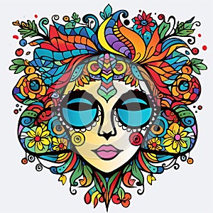 Colorful Woman With Flower Tattoo Vector - Eye-catching Outsider Art Doodle