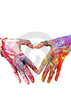 Colorful woman hands in heart shape double exposure