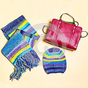 Colorful woman scarf hat and red handbag