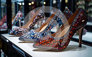 Colorful womens shoes in luxury store. Luxury shoes in store
