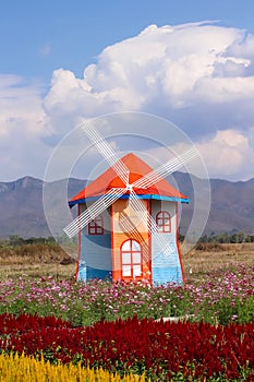 Colorful wood home with white wind turbine energy generates in flowers garden on  mountain blue sky view background