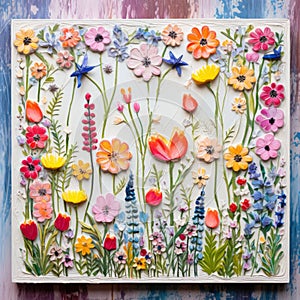 Colorful Woodcarvings: Flowers Decorative Paper Art On Wooden Board photo