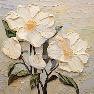 Colorful Woodcarvings: A Multilayered Composition Of Three White Flowers