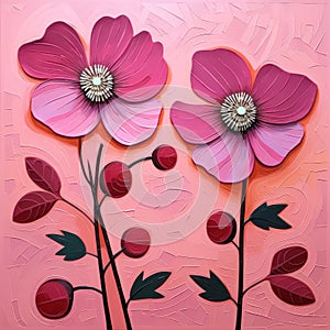 Colorful Woodcarvings: Two Pink Flowers In Oil Paint On Pink Background photo