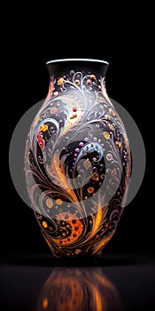 Colorful Woodcarvings On Vase: Dark Violet And Light Amber Artwork photo