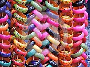 Colorful wooden bangles being sold in India villages - rural India handicraft