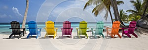 Colorful wooden beach chairs on beautiful summer beach