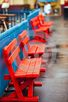 Colorful wooden benches at the Lunapark in Sydney