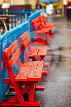 Colorful wooden benches at the Lunapark in Sydney photo