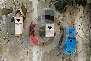 Colorful wooden bird houses on a wall