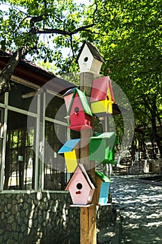 Colorful wooden birdhouses hang on wooden poles.