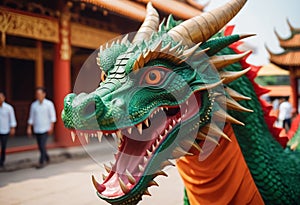Colorful wooden carved dragon symbol of the Chinese New Year