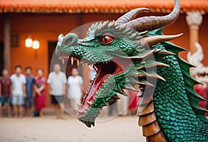 Colorful wooden carved dragon symbol of the Chinese New Year