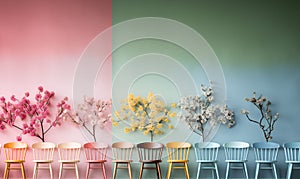 Colorful wooden chairs on the board contrast with the background of colorful flowers and trees