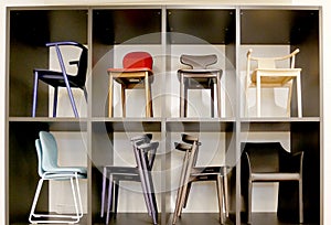 The colorful wooden chairs exhibition
