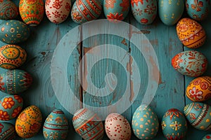 Colorful wooden easter eggs make up a frame