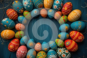 Colorful wooden easter eggs make up a frame