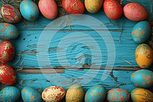 Colorful wooden easter eggs make up a frame