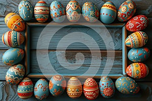 Colorful wooden easter eggs make up a frame