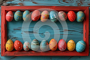 Colorful wooden easter eggs make up a frame