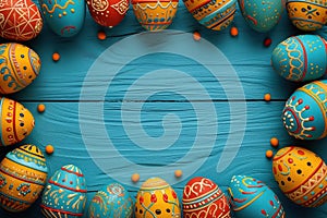 Colorful wooden easter eggs make up a frame