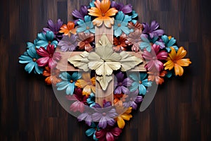 Colorful wooden flower heart with cross