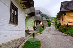 Colorful wooden houses in Vlkolinec village in northern Slovakia.