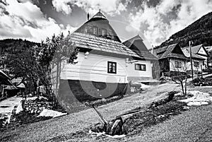 Colorful wooden houses in Vlkolinec, colorless