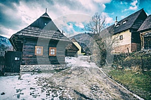 Colorful wooden houses in Vlkolinec village, Slovak republic, Unesco. Cultural heritage. Travel destination. Folk architecture.