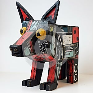 Colorful Wooden Sculpture Of A Red Dog In Cubo-futurism Style photo