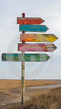 Colorful wooden signpost against blue sky. Perfect for travel, choices, adventure