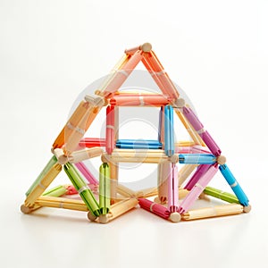 Colorful wooden stick pyramids triangle construction a children\'s toy for building and playing.