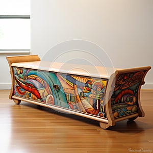Colorful Wooden Storage Bench With Futurist Sculpture Style