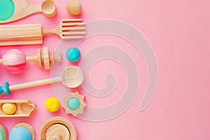 Colorful Wooden Toys for Creative Learning on Pastel Pink Background.