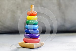 Colorful wooden toys in playroom