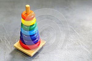 Colorful wooden toys in playroom