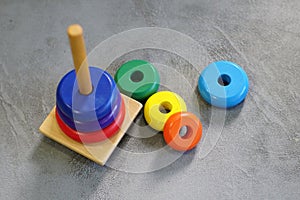 Colorful wooden toys in playroom