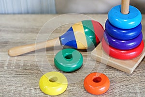 Colorful wooden toys in playroom