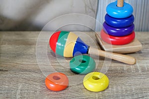 Colorful wooden toys in playroom