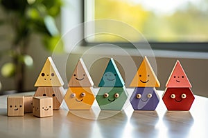 Colorful wooden toys. Wooden geometric shapes with faces on a wooden table. Wooden play set. Generated by artificial