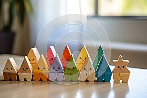 Colorful wooden toys. Wooden geometric shapes with faces on a wooden table. Wooden play set. Generated by artificial