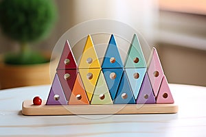 Colorful wooden toys. Wooden geometric shapes on a wooden table. Wooden play set. Generated by artificial intelligence