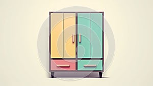 Colorful Wooden Wardrobe With Drawers - Retro Style Minimalist Illustrator